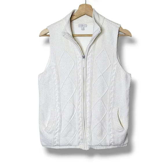 Talbots Petites Cable Knit Full Zip Vest Ivory Cream Jacket Cozy Classic Size PL - Picture 1 of 7
